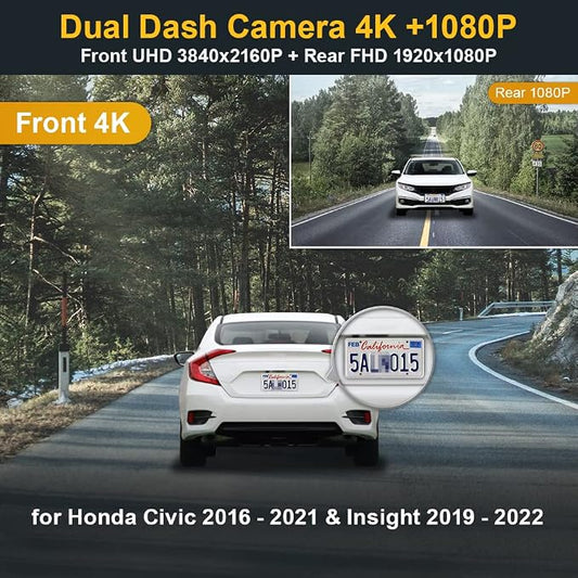 Fitcamx Front 4K+Rear 1080P Dash Cam Adapts for Honda Civic 2016-2021 (HD2-0211, with 6 Vents) & Insight 2019-2022, OEM Factory Look, Dual HD Video, WiFi & APP, Loop Recording, G-Sensor, 128GB Card