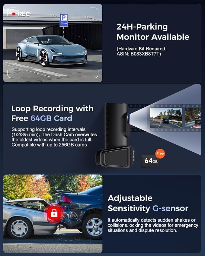 OVAMAN K600 4k Dash Cam Front and Rear, 3.59" IPS Screen, Built-in GPS 5G WiFi Dash Camera for Cars with App, UHD 2160P Night Vision Free 64G SD Card, 170° Wide Angle, HDR, 24H Parking Mode