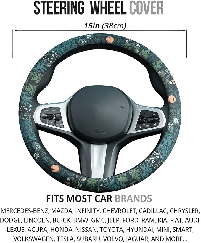 Dark Cottagecore Floral Steering Wheel Cover Auto Steering Wheel Protector, Anti-Slip, Breathable, Absorbing Sweat, Universal Floral Car Accessories 14.5–15 inch,Fit for Most Car, Trucks, SUV