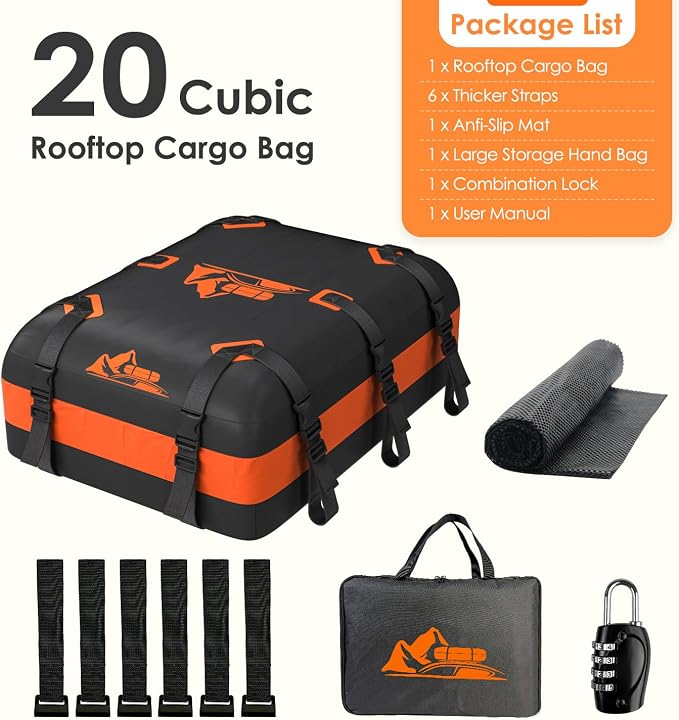 Car Rooftop Cargo Carrier Bag 20 Cubic Feet, 100% Waterproof Heavy Duty Car Roof Bag for All Vehicle with/Without Racks - Anti-Slip Mat, 6 Door Hooks, Storage Bags, 5CM Straps(Orange)
