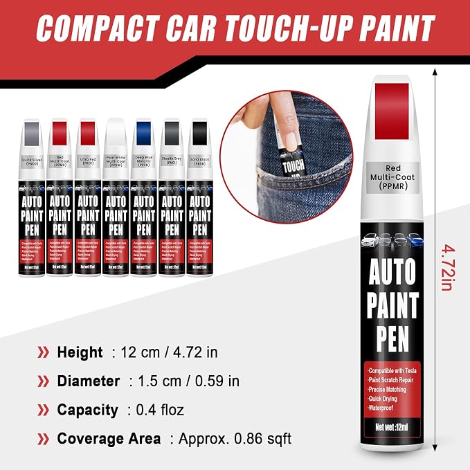 Touch Up Paint for Cars (Red Multi-Coat PPMR), Compatible with Tesla Model Y/3/X/S, 0.4 fl oz Color Accurate 2-in-1 Car Paint Scratch Repair Pen, Easy to Use, Fast-Drying, Long-Lasting