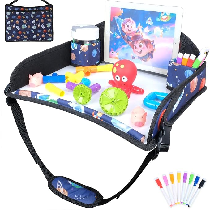 COOLBEBE Kids Travel Tray for Toddler Car Seat, Travel Tray for Airplane, Lap Tray with Storage, Portable Carseat Table Tray for Kids, Blue Space