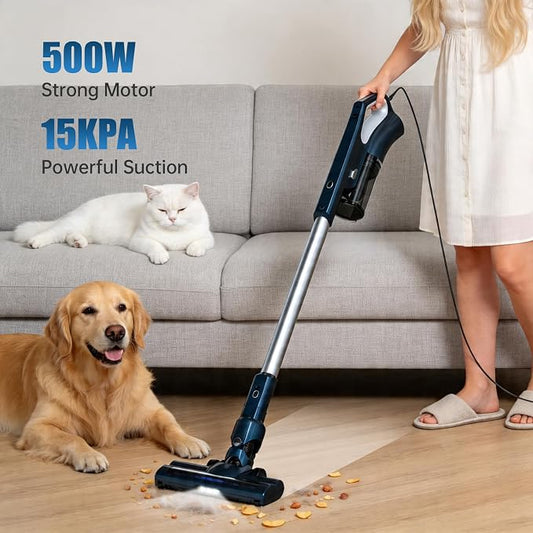 Corded Vacuum Cleaners For Home, 500W Powerful Suction With Dual HEPA Filters, LED Lights & 16.7ft Power Cord, One-Touch Release Dust Cup, Converts To Handheld Vacuum For Pet Hair Hard Floor (VA002)