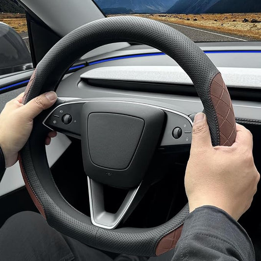 LKWLIKEI Leather Steering Wheel Cover. Elegant Diamond Checkered Design, Non-Slip and Breathable, for Tesla Model 3/Y Steering Wheel Protector,Black Brown