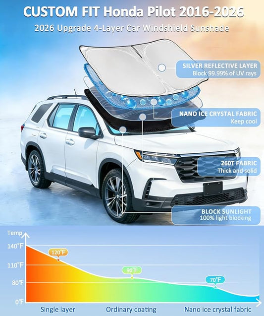 Windshield Sun Shade for Honda Pilot 2016-2025 2026 Windshield Sunshade 4-Layers Sun Visor Window Shade Custom for Pilot EX-L Special Edition Elite Black Edition Touring Blocks UV Rays Car Accessories
