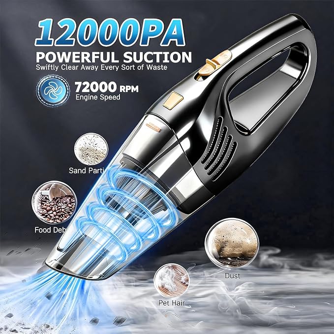 Car Vacuum Portable Cordless12000PA Strong Suction, Lightweight & Rechargeable Includes Multi-Nozzle Attachments for Car, Home, Office, and Pet Hair Compact (Black, Rechargeable)