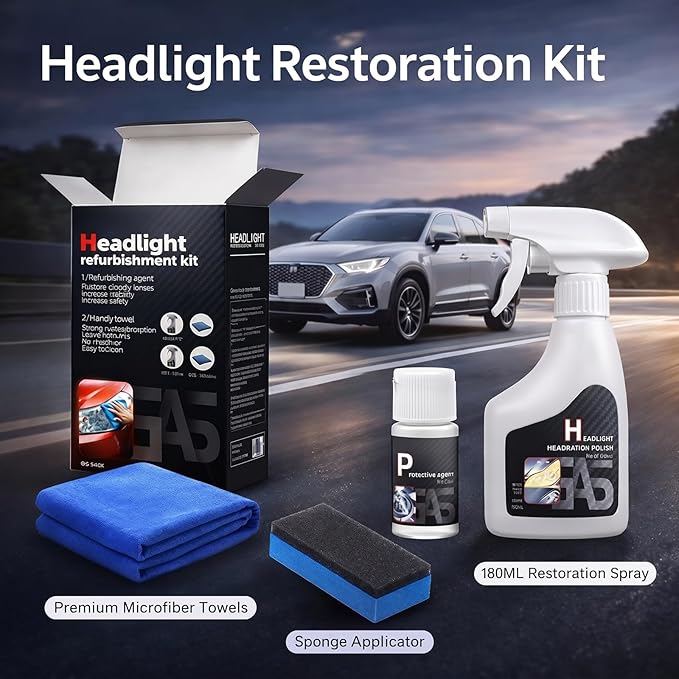 Headlight Restoration Kit Professional Ceramic Coating Headlight Cleaner for Used Car Renovation & Enhance Night Driving Safety for Families & DIY Beginners No Sanding UV Shield Lens Restorer