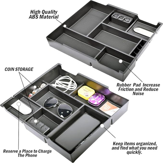 Center Console Organizer Compatible with 2014-2017 2018 2019 2020 2021 Tundra Accessories, Crewmax Interior Armrest Underseat Storage Box- Full-coverage Insert Tray, Black Trim