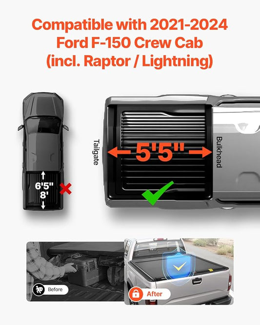 VEVOR Retractable Tonneau Cover, 5.5 ft Hard Retractable Tonneau Cover with Built-in Drainage Pipe for 2021-2024 Ford F-150 Crew Cab, Customized Design with Double-Lock & T-Slot