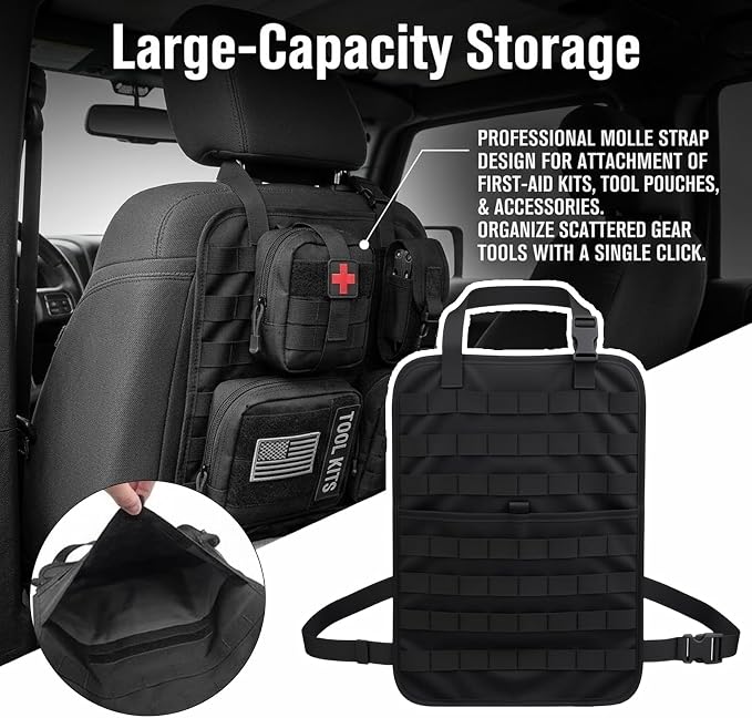 Car Seat Back Organizer,Multifunctional Hanging Molle Seat Back Organizer with Large Compartment,Universal Car Organizers Backs Seats Fit for Most Cars SUVs Trucks