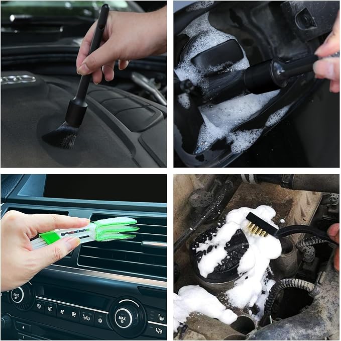 HMPLL 10pcs Detailing Brush Set, Multi-Purpose Car Detailing Brushes for Cleaning Car Interior, Exterior, Engine, Leather, Including 5 car Cleaning Brush, 3 Wire Brush, 2 Air Vent Brush,Black