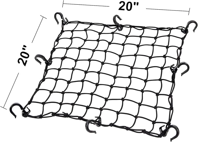 KOFULL 20" x 20" Cargo Net, Bungee net with 8 Hooks, Small Cargo net Stretches to 42" x 42", Cargo Netting with 2" x 2" Mesh for Motorcycle, Bike, ATV - Free 1 PC Luggage Fixed Strap Rope