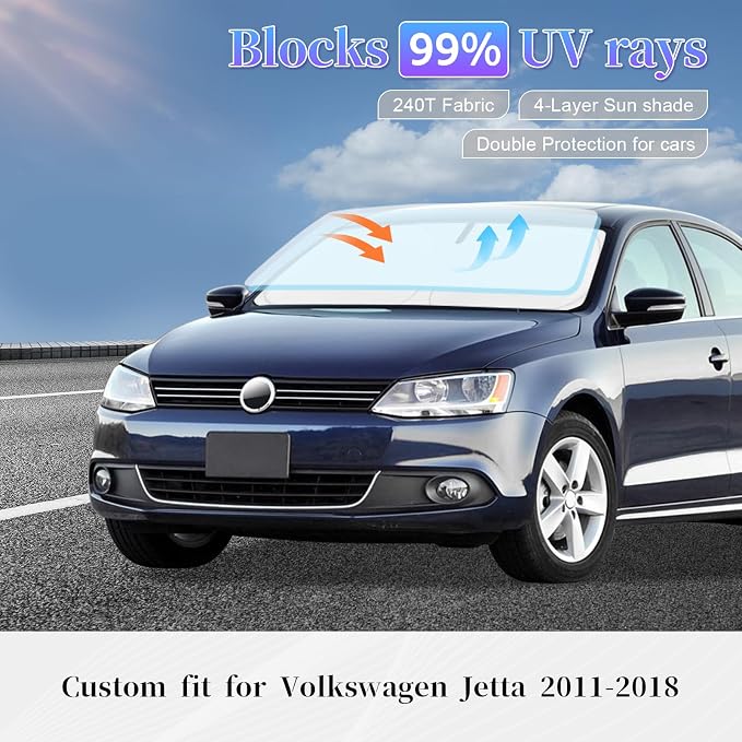 Sun Shade Sunshade for VW Jetta 2011-2018 Windshield Cover, 4-Layer Front Window Shade Custom fit Volkswagen Jetta Sun Visor 240T Retractable Shade Shield Blocks UV Rays Cooler Car Accessories