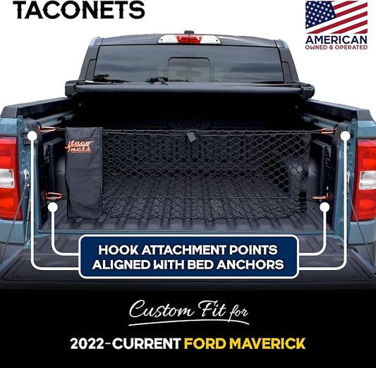 TacoNets Envelope Cargo Net for Ford Maverick - Fits 2022-Current - Upgraded 5mm Bungee - Integrated Storage Bag - Heavy Duty Carabiners - Designed in USA