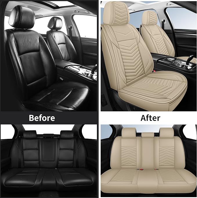 HChengkikz Nappa Leather Car Seat Covers Full Set, Beige Car seat Protector 5 Seats, Waterproof Car Seat Cushion, Universal Automotive Seat Covers Fit for SUV Truck Pick-up Sedan, Front and Rear