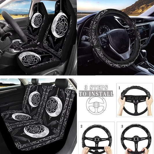 Raven Car Seat Cover Set of 10, Gothic Moon Dream Catcher Crow Rear Front Seat Protector Car Interior Cover, Halloween Crow Black Elastic Safety Belt Coaster Keychain