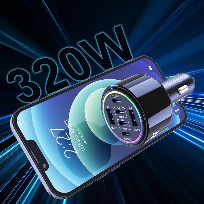 320W USB C Car Charger, 6 Ports Type C Car Charger, PD3.0/QC4.0/PPS Super Fast Charging for iPhone 17/16/15 Series, Galaxy S25/S24/23, iPad, MacBook Pro/Air, Laptop (Black)