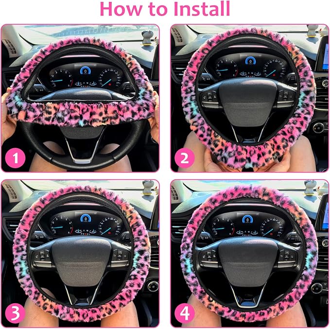 Accmor Fuzzy Car Steering Wheel Cover, Universal Fit Fluffy Auto Wheel Cover & Handbrake Cover & Gear Shift Cover Set, Leopard Print, Car Steering Wheel Cover Protector for Women Girls (Colorful)
