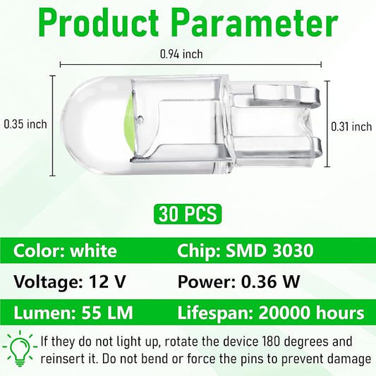 ecocstm 30 PCS Car 194 LED Bulbs, 168 2825 W5W T10 Wedge COB LED Replacement Bulb, Error Free Interior Bulb for Dashboard Light, Dome Lights (Green)
