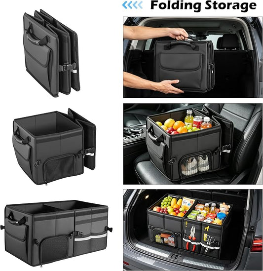 Trunk Organizer Car Organizer Leather Storage Box Foldable Trunk Organizer for SUVs & Sedans Sturdy Car Organization for Car Accessories, Tools, Sundries, Collapsible and Adjustable, 23.6 Inch