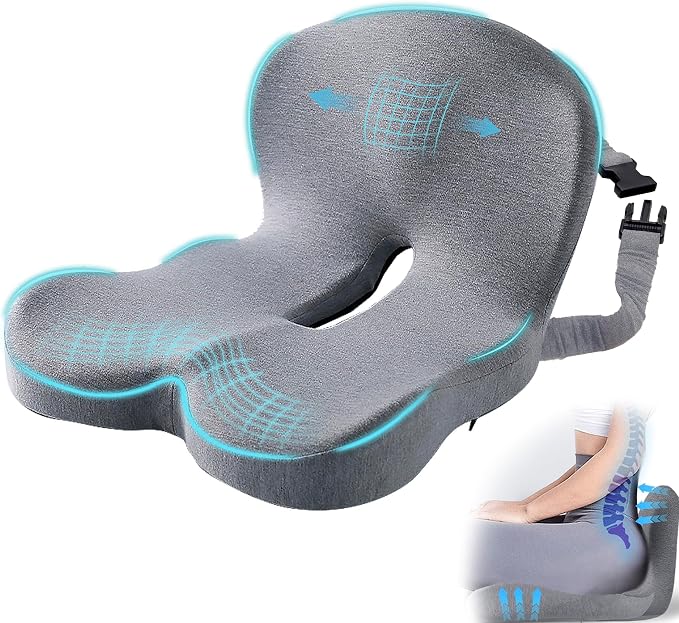 Car Seat Cushion, Memory Foam Driving Cushion with Adjustable Strap, Ergonomic Pad for Car & Semi Truck, Office Chair Cushion for Sciatica & Lower Back Pain Relief, Light Gray