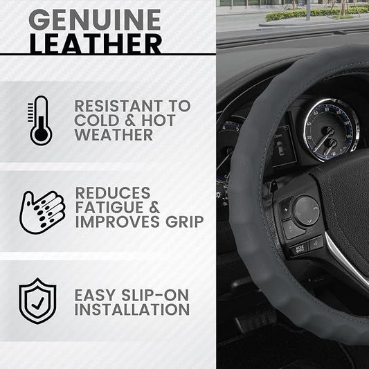 BDK Genuine Gray Leather Steering Wheel Cover for Car, Large 15.5-16 inch – Ergonomic Comfort Grip for Men & Women, Car Steering Wheel Cover for Vehicles with Large Steering Wheels