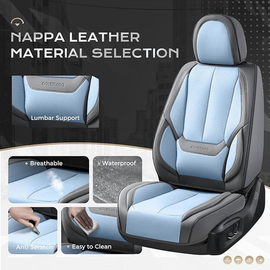 Coverado Seat Covers, Car Seat Covers Front Seats, Leather Seat Covers for Cars, Car Seat Protector Waterproof, Gray Car Seat Cushion, Front Carseat Cover Universal Fit for Most Cars Lightblue