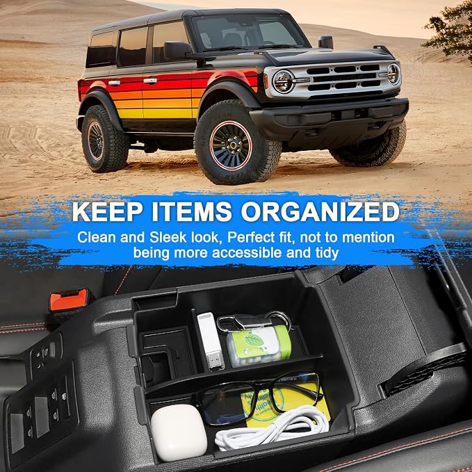 Upgrade Center Console Organizer for Ford Bronco 4 Door 2025 2026 Full Size Armrest Storage Box for Ford Bronco Accessories(Not for 2-Door & Bronco Sport & Manual Transmission)+Sunglasses Holder
