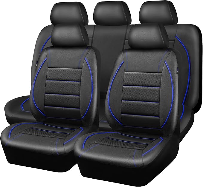 CAR PASS Universal FIT Piping Leather Car Seat Cover, for suvs,Van,Trucks,Airbag Compatible,Inside Zipper Design and Reserved Opening Holes (Full Set, Black and Blue)