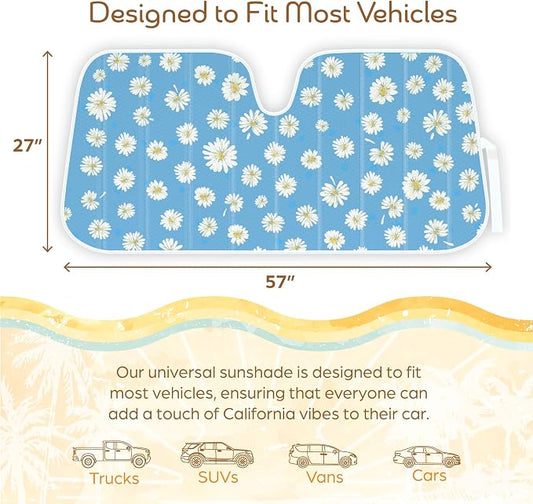 Carbella Blue Daisy Car Windshield Sun Shade - Sun Visor Sunshade for Car Windshield - Window Shades for Cars, SUV & Truck - Dash Cover UV Protection for Front Window Shade Accessories - 57" x 27"
