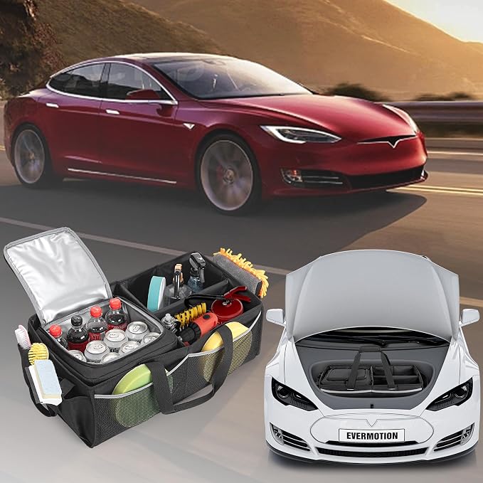 GRAOSO Front Trunk Organizer with Cooler Bag Compatible with Tesla Model 3 / Model Y, Frunk Storage Bag Collapsible with Multi-Compartment for Trip Accessories, Tools, Food and Drink, Black