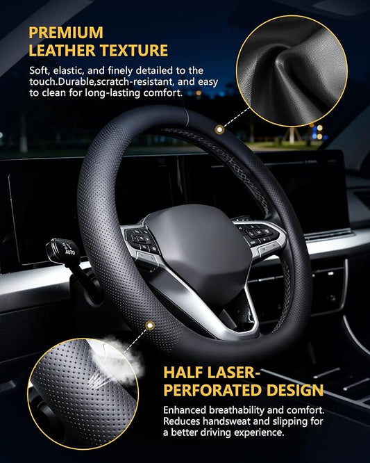 Leather Car Steering Wheel Cover, Premium Nappa Leather with Anti-Slip Lining, Universal 15 Inch, Fits SUVs, Vans, Sedans, Trucks