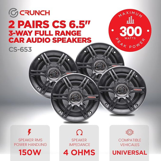 Crunch 2 Pair 6.5 Inch Car Audio Speakers, 300 Watt MAX 3 Way Full Range Speaker Set with 1 Inch Tweeter & Spade Terminal Connectors, CS-653