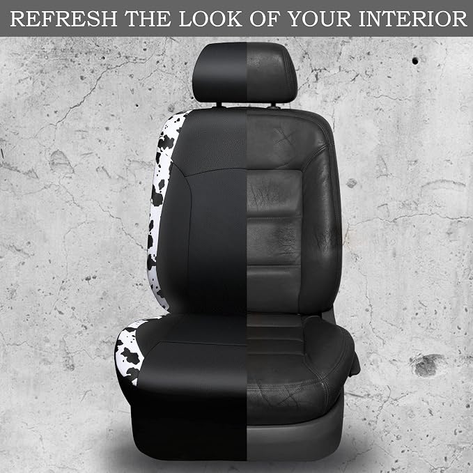 CAR-PASS Cow Print Car Accessories Sets Faux Leather Car Seat Covers & Cow Car Mats & Cow Steering Wheel Cover Seat Belt Pads Universal fit for SUV,Van,Saden,Truck Cute Automobile Interior Sets Women