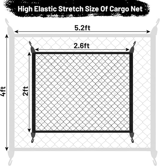 Elastic Cargo Net for SUV, Net Stretchable 31.2" x 24" Stretch to 62.4" x 48", Rear Trunk Bed Netting Cover, Fixing Hooks D-Rings Luggage Cover