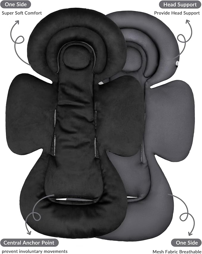 TinlyFinly Infant Car Seat Insert with Removable Cushion for Preemie to Toddler, Reversible Newborn Carseat Insert for Baby Head Body Support, Fits for Stroller, Baby Swing, Bouncer (Pure Black)