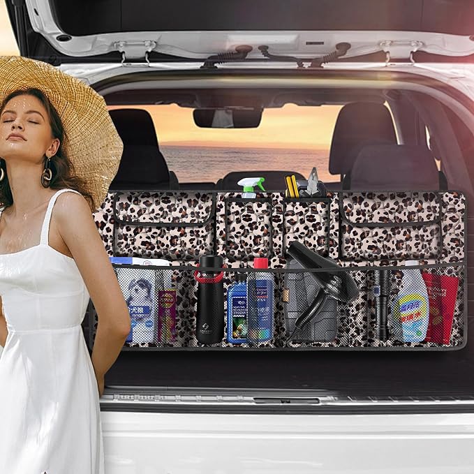Car Trunk Organizer, Super Capacity Backseat Car Organizer for SUV/Truck/MPV, Hanging Car Storage Organizer with 8 Pocekts, Car Accessories for Women and Men- Leopard print