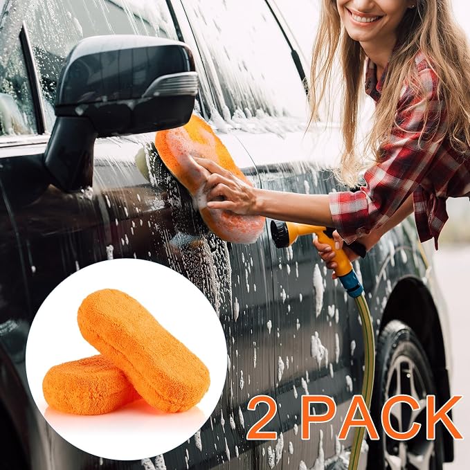 Tanlade 2 Pcs Large Car Wash Sponge for Cleaning, The Microfiber Sponges for Car Washing Supplies, Trucks and Motorcycles (Orange)