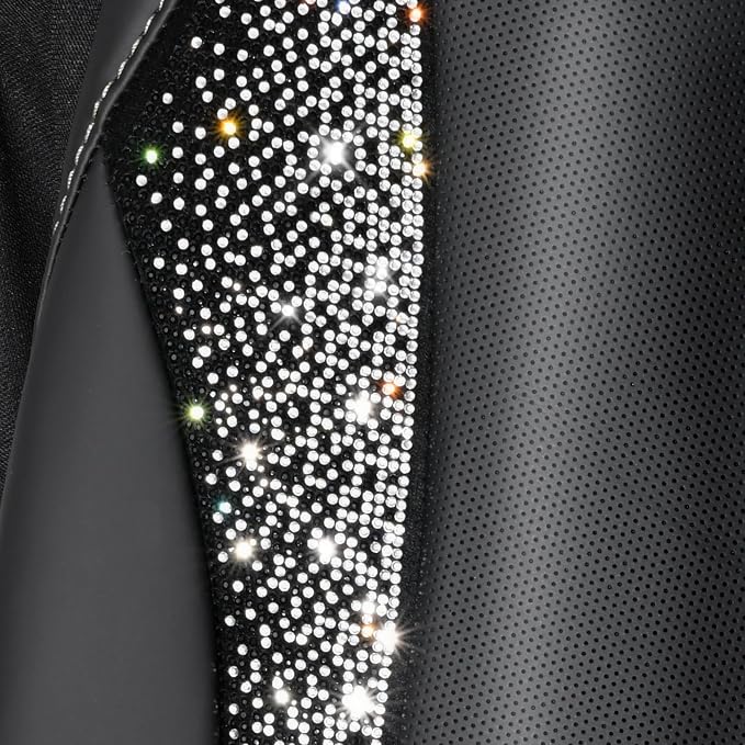 CAR PASS Leather Bling Diamond Car Seat Covers Front & Waterproof Rhinestone Car Floor Mats 4pcs & Sparkly Steering Wheel Cover 15' Universal Shining Interior Sets for 95% SUV Cute Women Black Silver