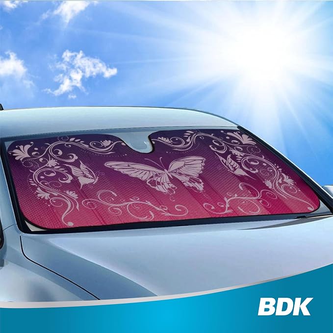 BDK Pink Butterfly Front Windshield Sunshade Accordion Folding Style Auto Shade for Cars Trucks SUVs Vans Blocks UV Rays Sun Visor Protector Easy Setup Keeps Your Vehicle Cool 58" x 27"