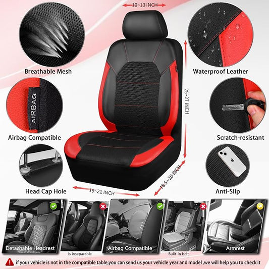 CAR PASS Leather Car Seat Covers Front Seats Only, with Air Mesh Front Seat Covers Breathable, Cool Automotive Seat Covers 2 Pack, Universal Fit Most Cars,SUV,Truck,Van Airbag Compatible(Black & Red)