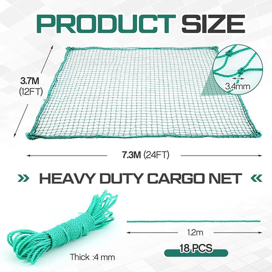 SATINIOR 24 x 12 ft Heavy Duty Cargo Net Truck Bed Network Cover with 18pcs Ropes Bungee Cargo Net Car Sealing Network Rope for Trailer Pickup Truck