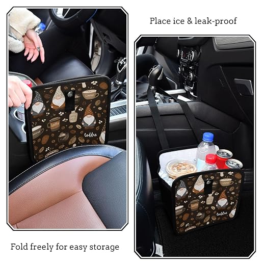 Car Trash Can Organizer Bin with Adjustable Strap for Back Front Seat Console Waterproof Leakproof Collapsible Portable 8.66 Inch Brown Gnomes Coffee Beans Cups
