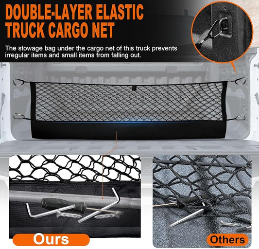 Truck Cargo Net for Chevy Colorado & GMC Canyon 2023-2025 Accessories, Envelope Style Pickup Cargo Net with Storage Bag, Heavy Duty Elastic Mesh Organizer with Carabiners, Secures Groceries & Gear