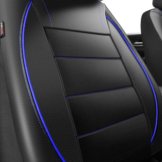CAR PASS Universal FIT Piping Leather Two Front Seat Covers, Waterproof Faux Leather for SUV Sedan Van Truck, Airbag Compatible,Reserved Opening Holes for Headrest Covers. (Black and Blue)