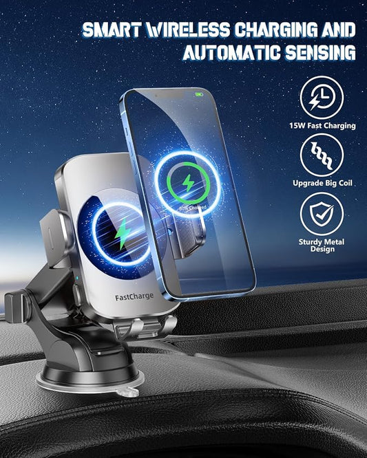 3-in-1 Wireless Car Charger Mount, 15W Fast Charging Auto-Clamping Phone Holder for iPhone 17 16 15 14, Samsung Galaxy S24 S23, Dashboard, Vent & Windshield Car Mount(Space Grey)