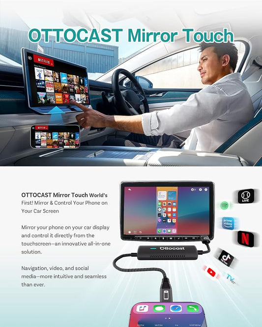 Ottocast Mirror Touch - Wireless CarPlay & Bi-Directional Phone Mirroring Adapter - Dual Mode, Plug & Play Upgrade for Factory Wired Cars (2016+)