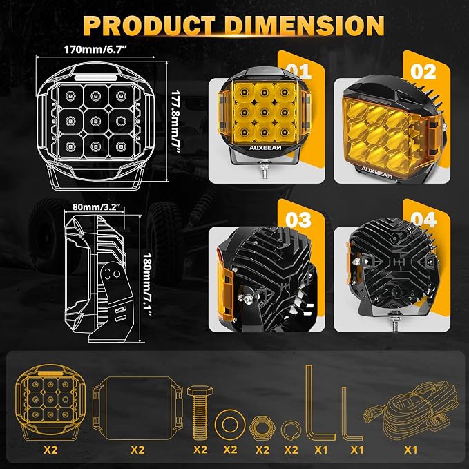 Auxbeam 7inch 228W Round LED Offroad Light Pod, V-MAX Series 26100LM Side Shooter LED Offroad Driving Lights with Amber DRL, 270° Beam Auxiliary Ditch Light for Truck ATV Jeep Ford