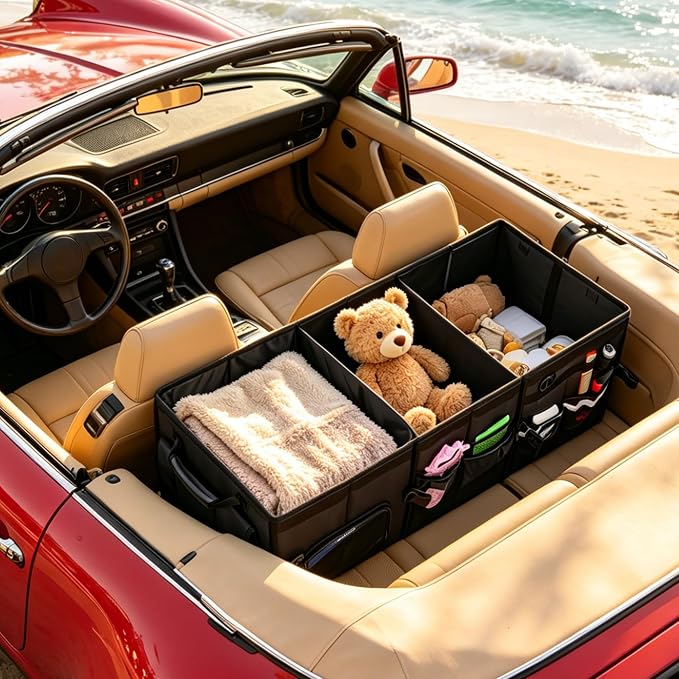 Trunk Organizer Car Organizer Leather Storage Box Foldable Trunk Organizer for SUVs & Sedans Sturdy Car Organization for Car Accessories, Tools, Sundries, Collapsible and Adjustable, 35.5 Inch