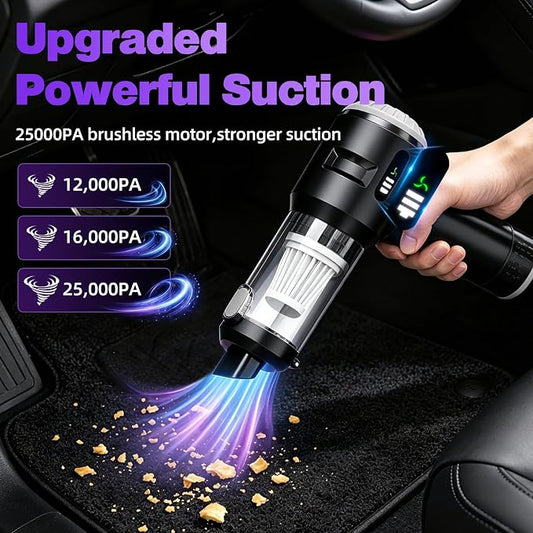 Wansimoo Handheld Car Vacuum Cleaner,25000PA Strong Cyclonic Suction Mini Vacuum Portable Cordless with Digital Display and One Touch Dust Removal for Car, Home, Office, Kitchen (Silver)